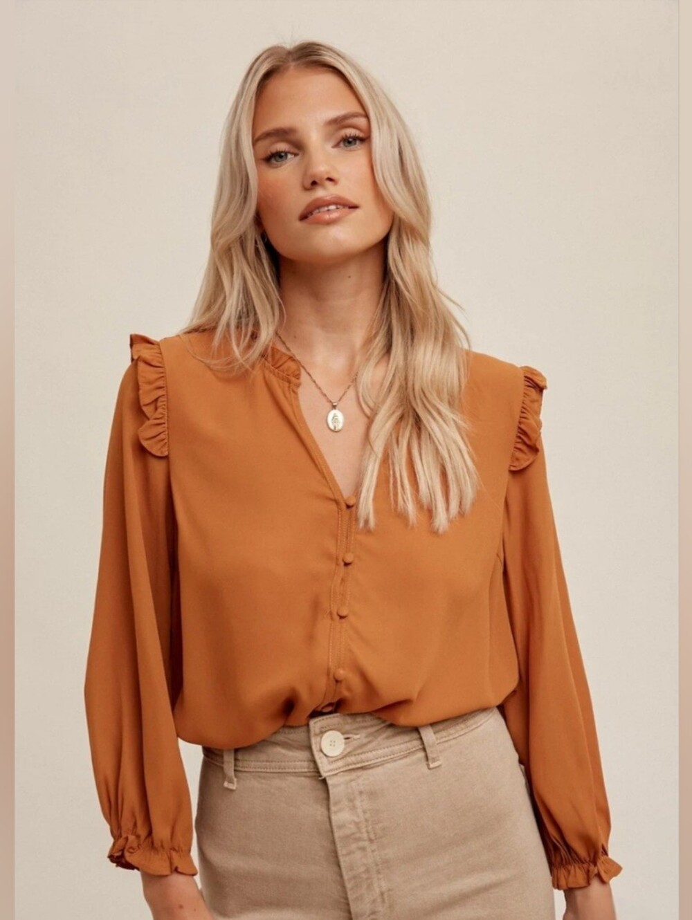 NWT Hem & Thread Cognac Button Up Flowy Ruffle Neck With Lace Back Blouse